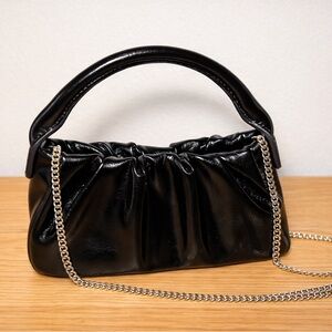 Mango Black Ruched Mini Shoulder Bag Chain Strap Top Handle Clutch